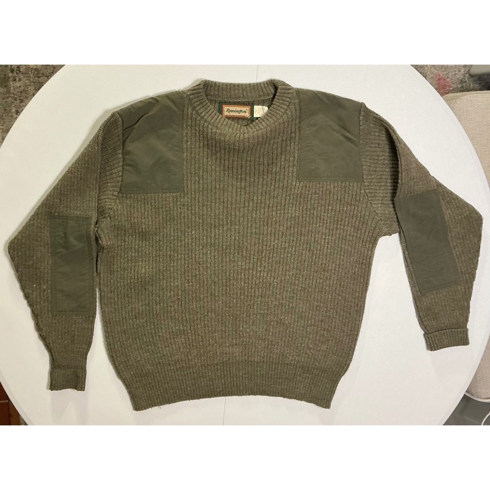 VTG USA Made Remington Sweater Olive Ribbed Wool Blend Patches 2XL Oversize‎